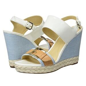 Geox Women's Donna Janira White Caramel Blue Braided Wedges Gold Buckle Sz 6